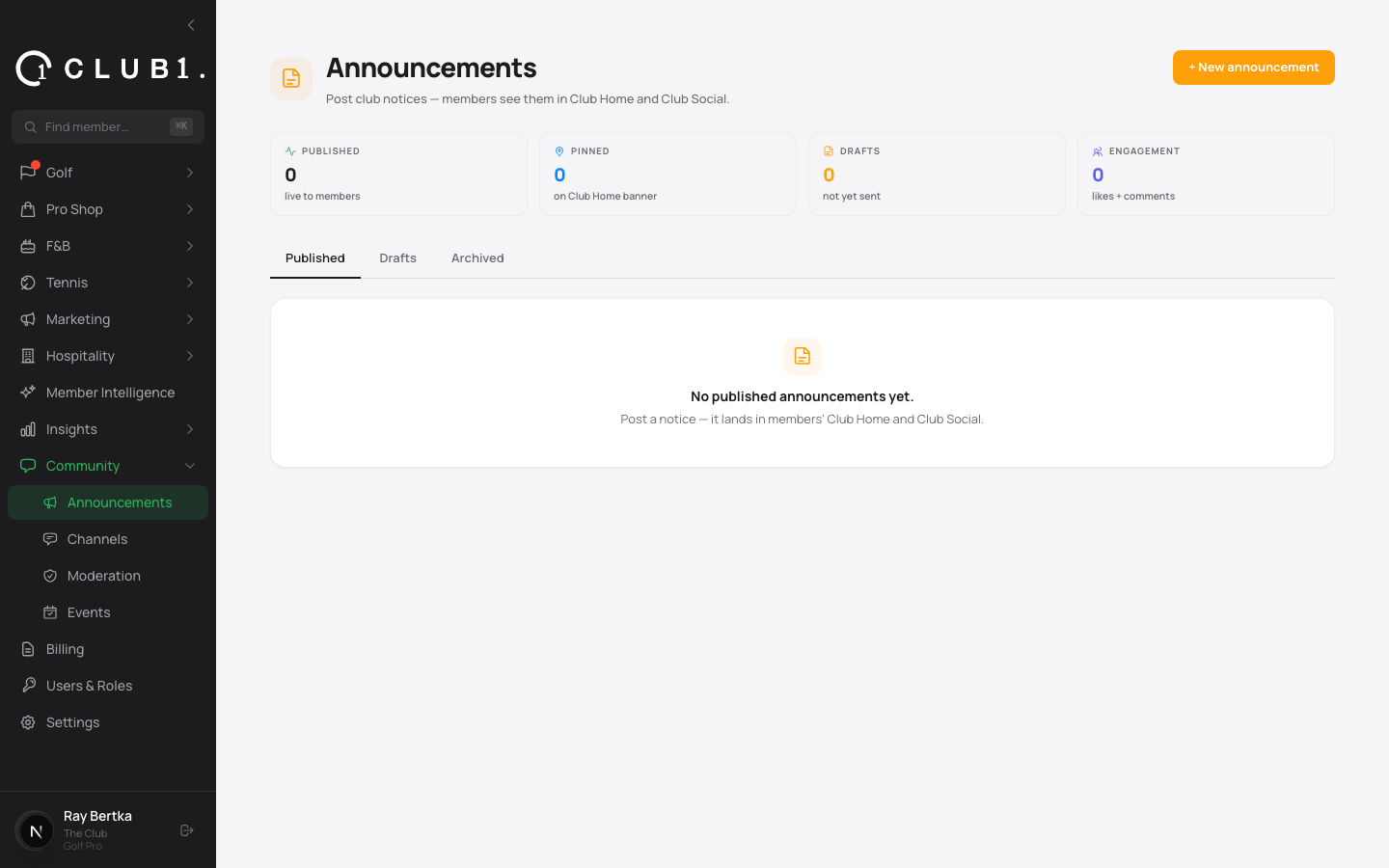 Club announcements and member communications in Club1