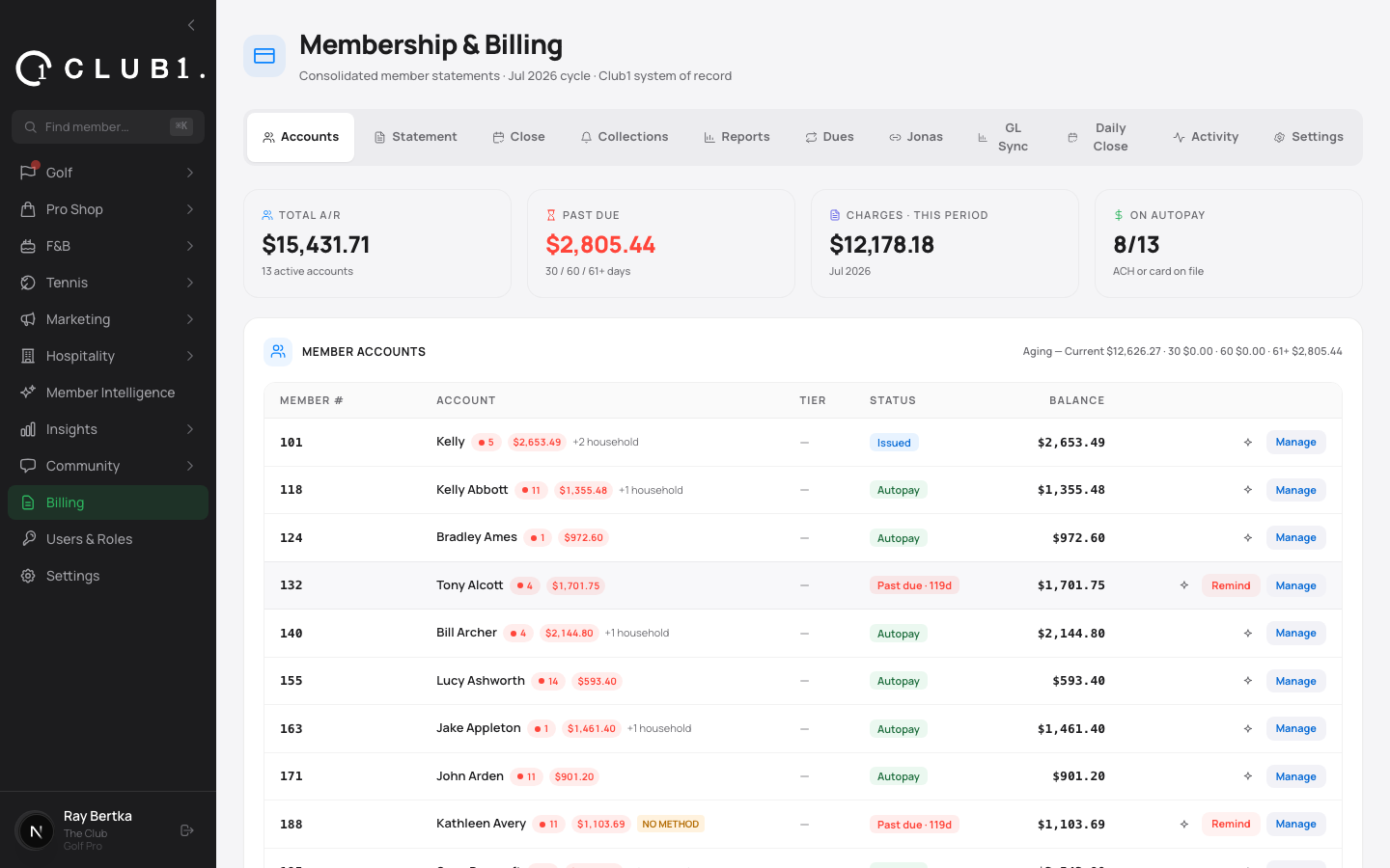 Membership billing and consolidated member statements in Club1
