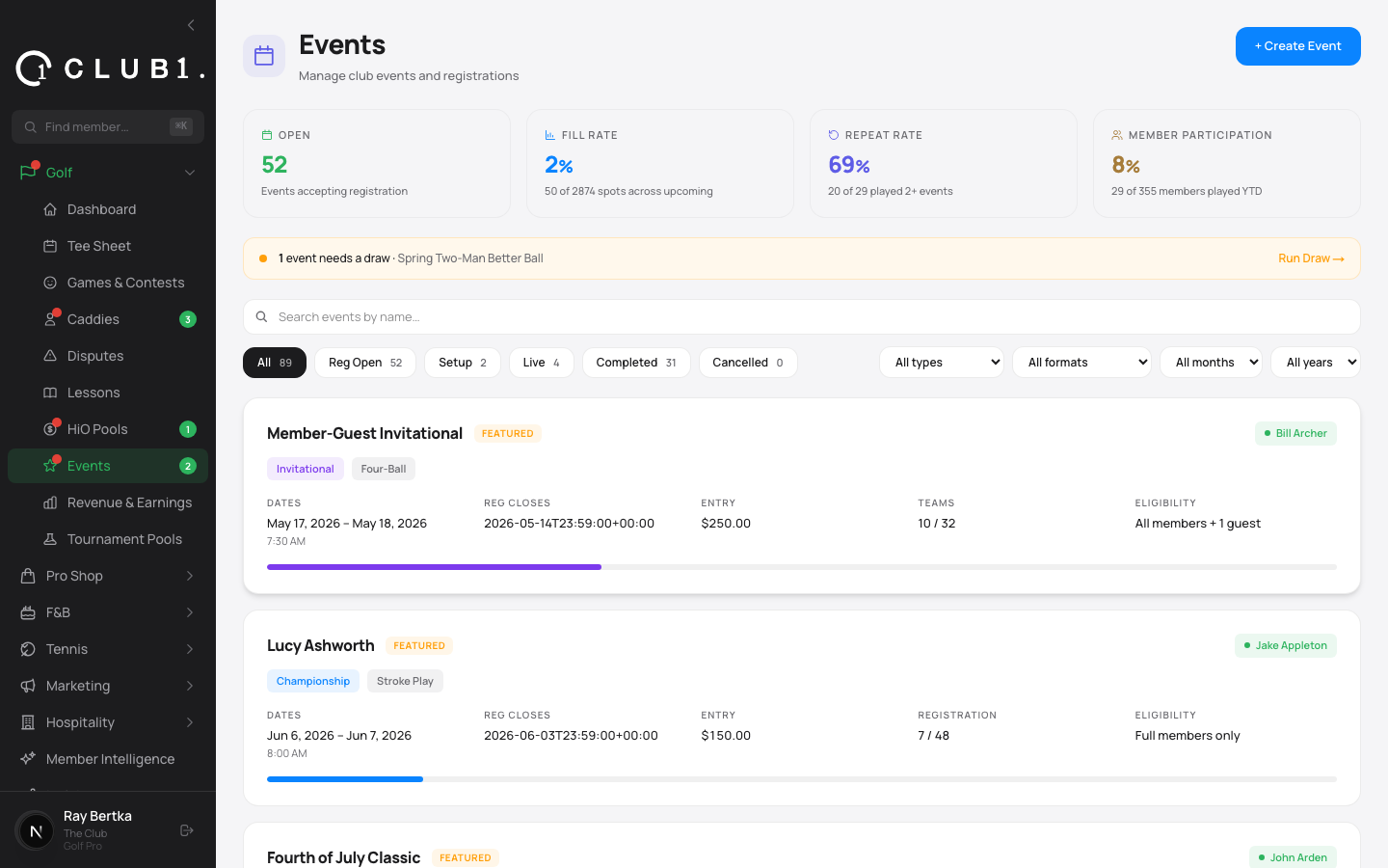 Events and tournament management in Club1, from sign-up sheet to payout