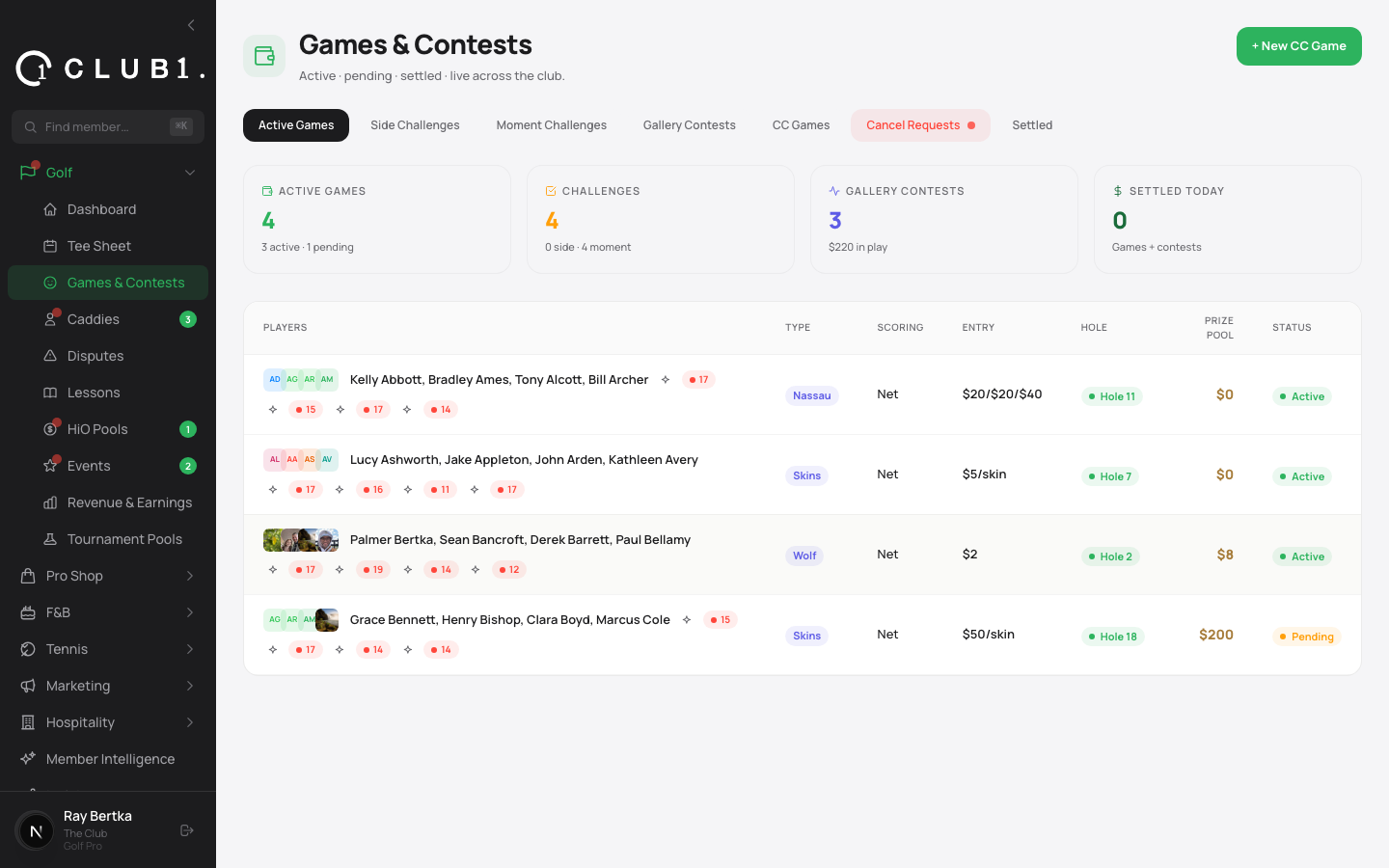 Games and settlement module in the Club1 Pro Dashboard