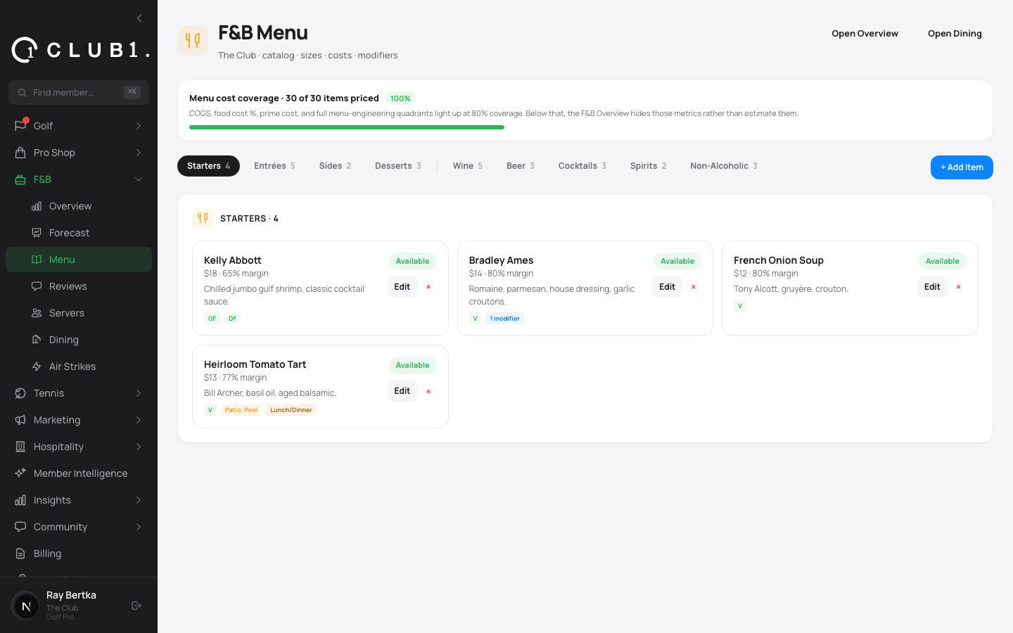 Menu engineering and item costing in Club1