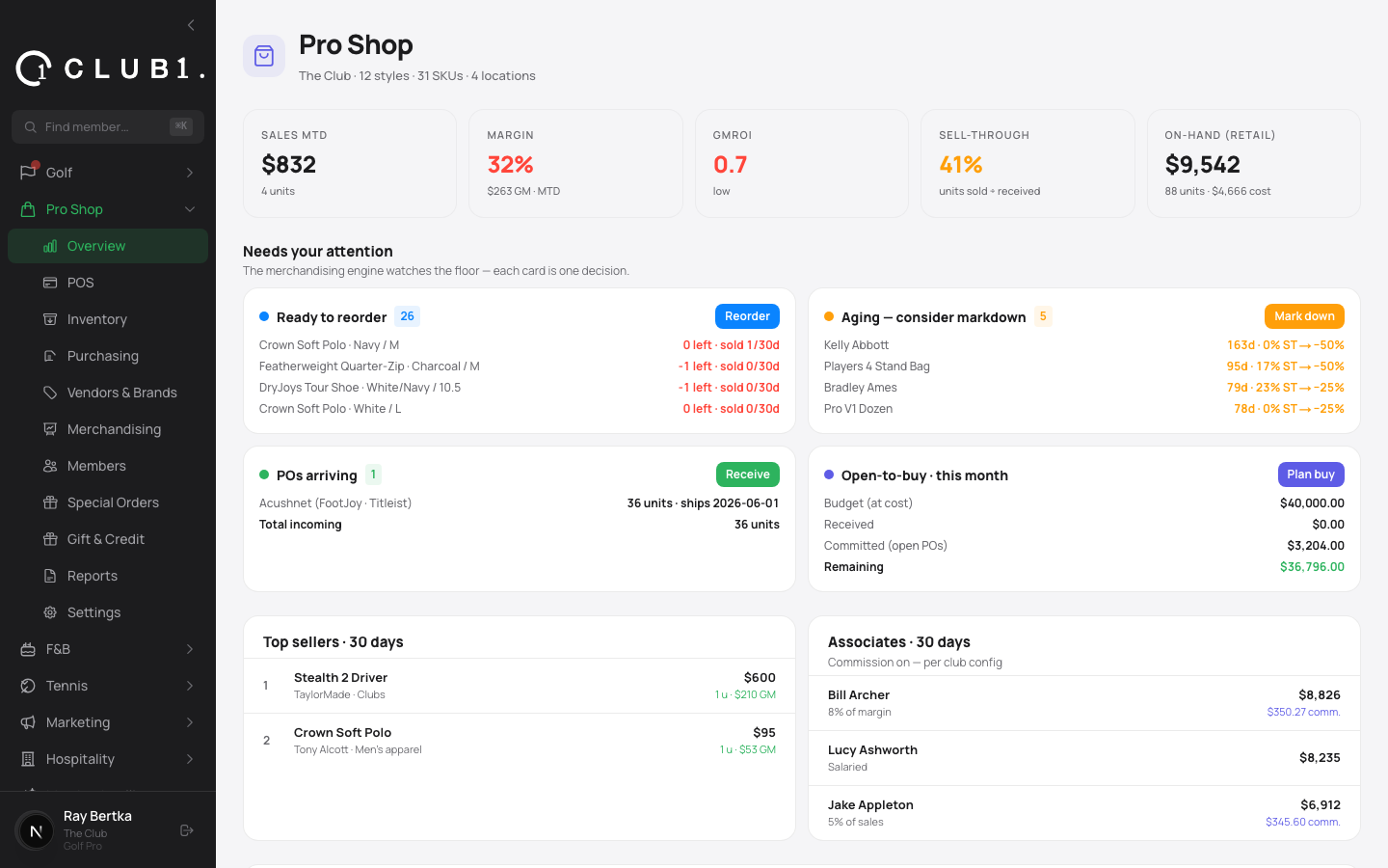 Pro shop retail and inventory management in Club1