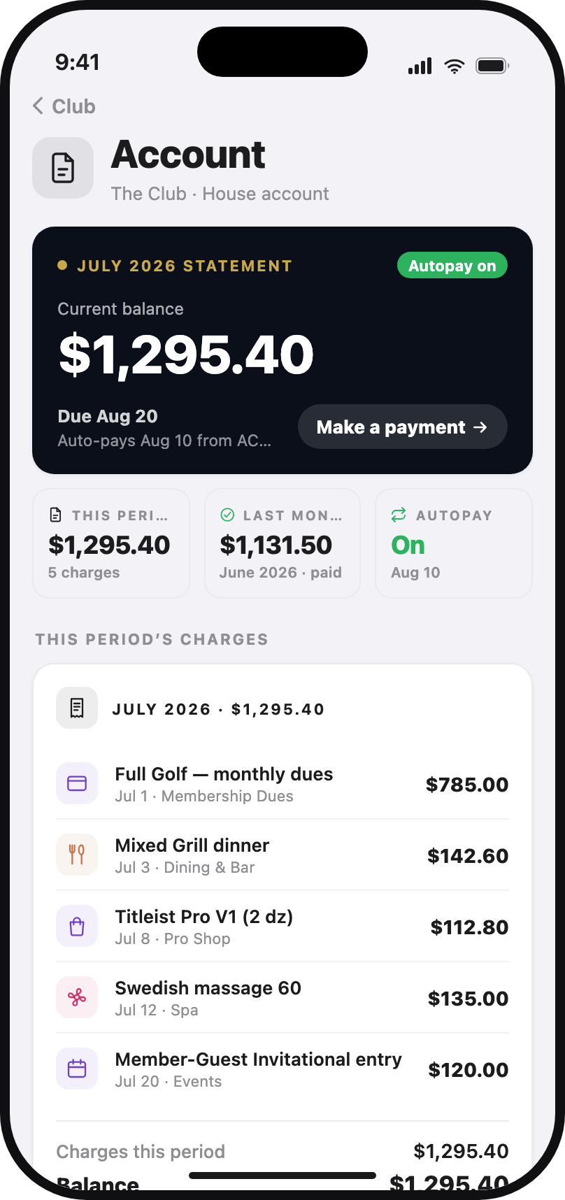 Consolidated monthly member statement in the Club1 member app