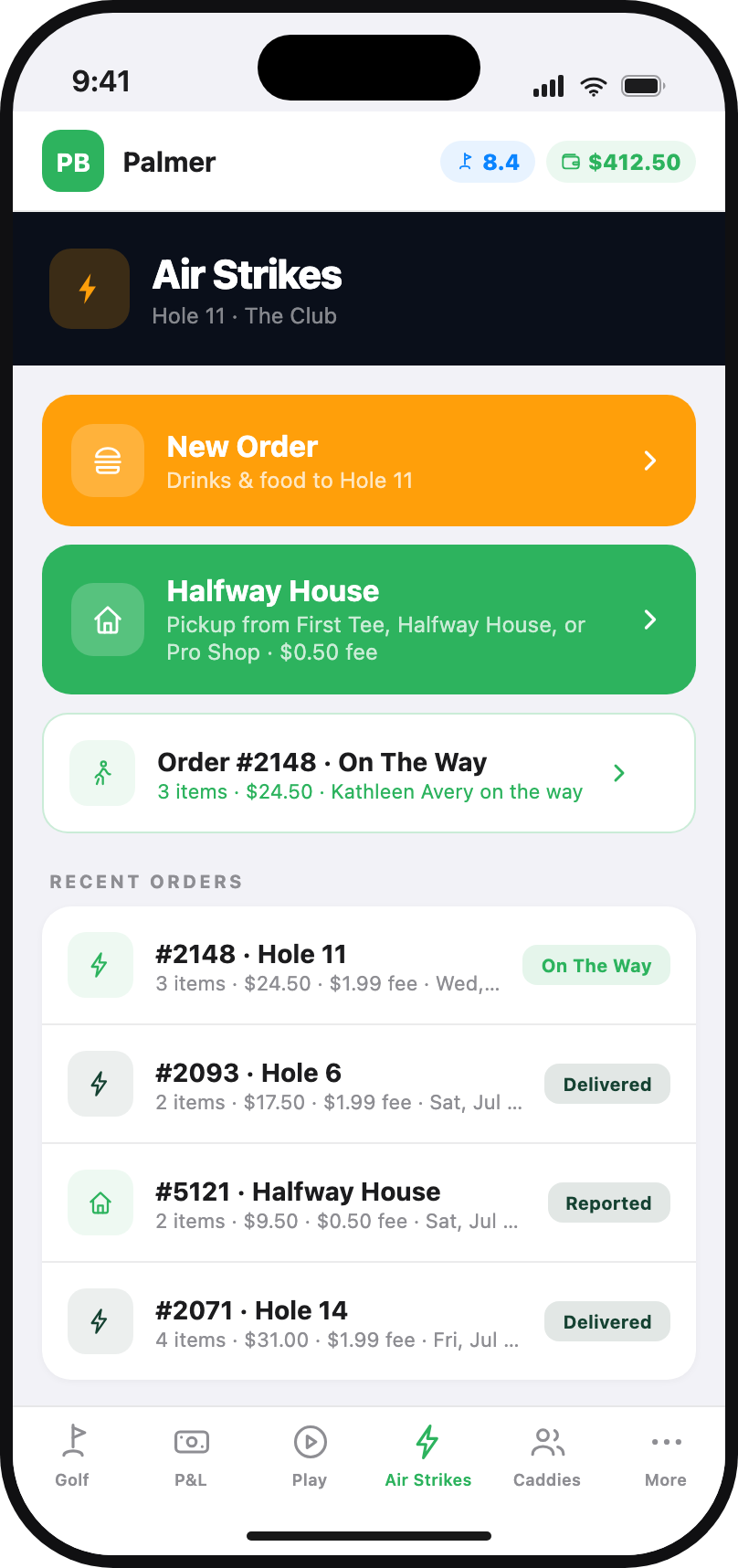 Requesting on-course food and beverage delivery in the Club1 member app
