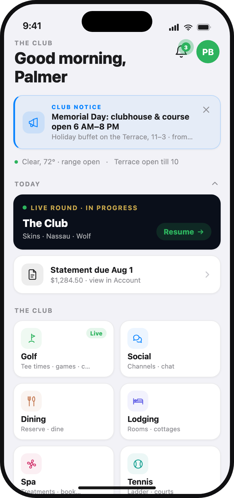 Club Home in the Club1 member app, the club’s directory in a member’s pocket