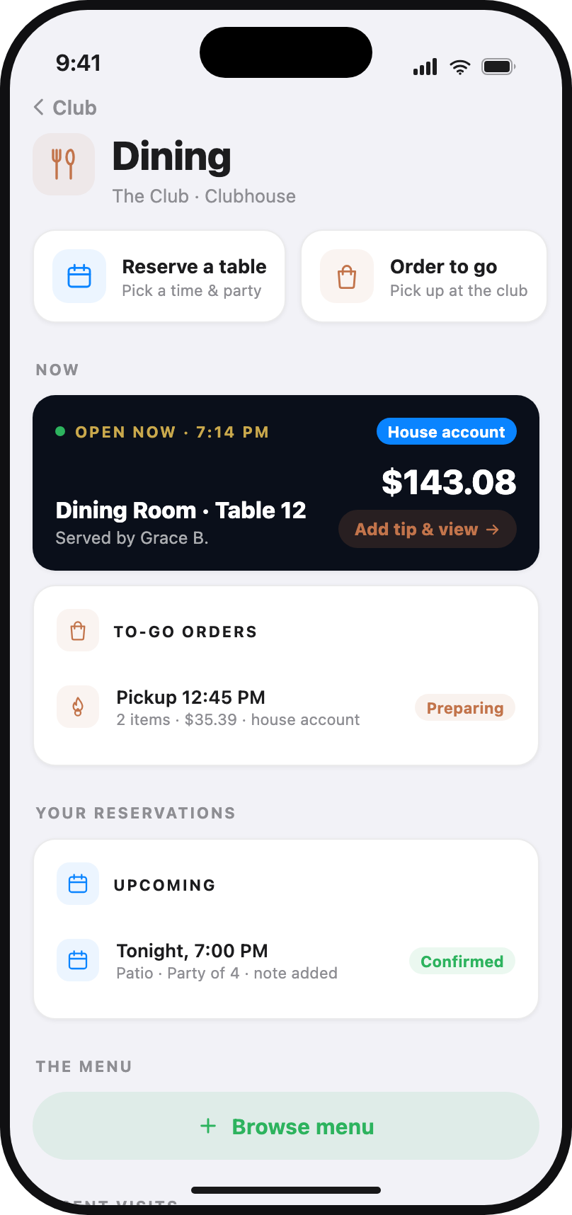 Ordering from the clubhouse floor in the Club1 member app
