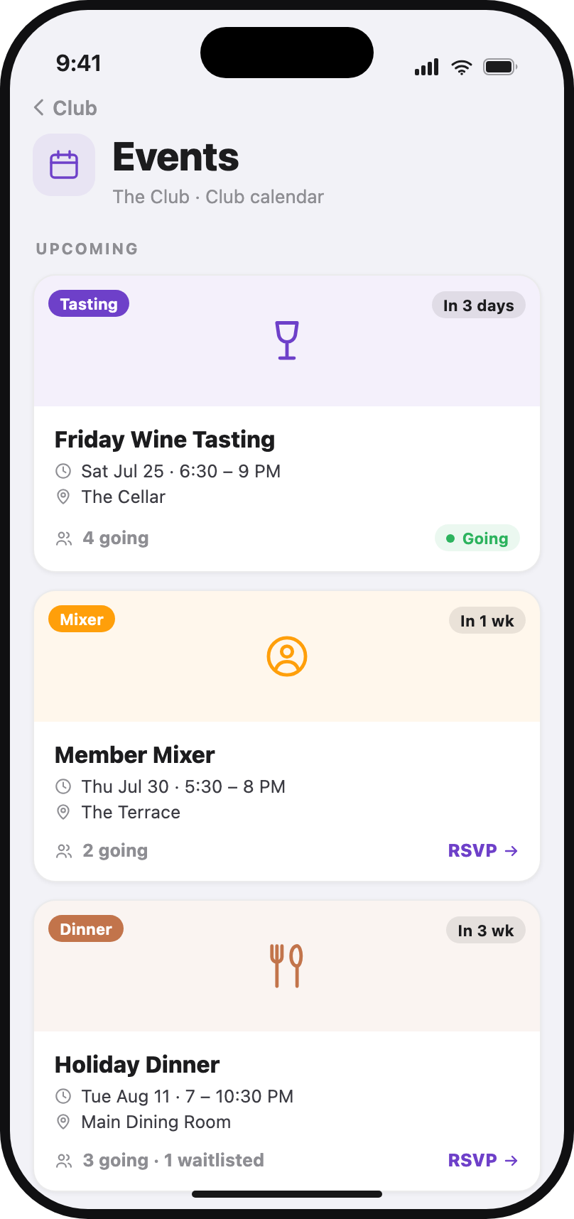 Club events and sign-ups in the Club1 member app
