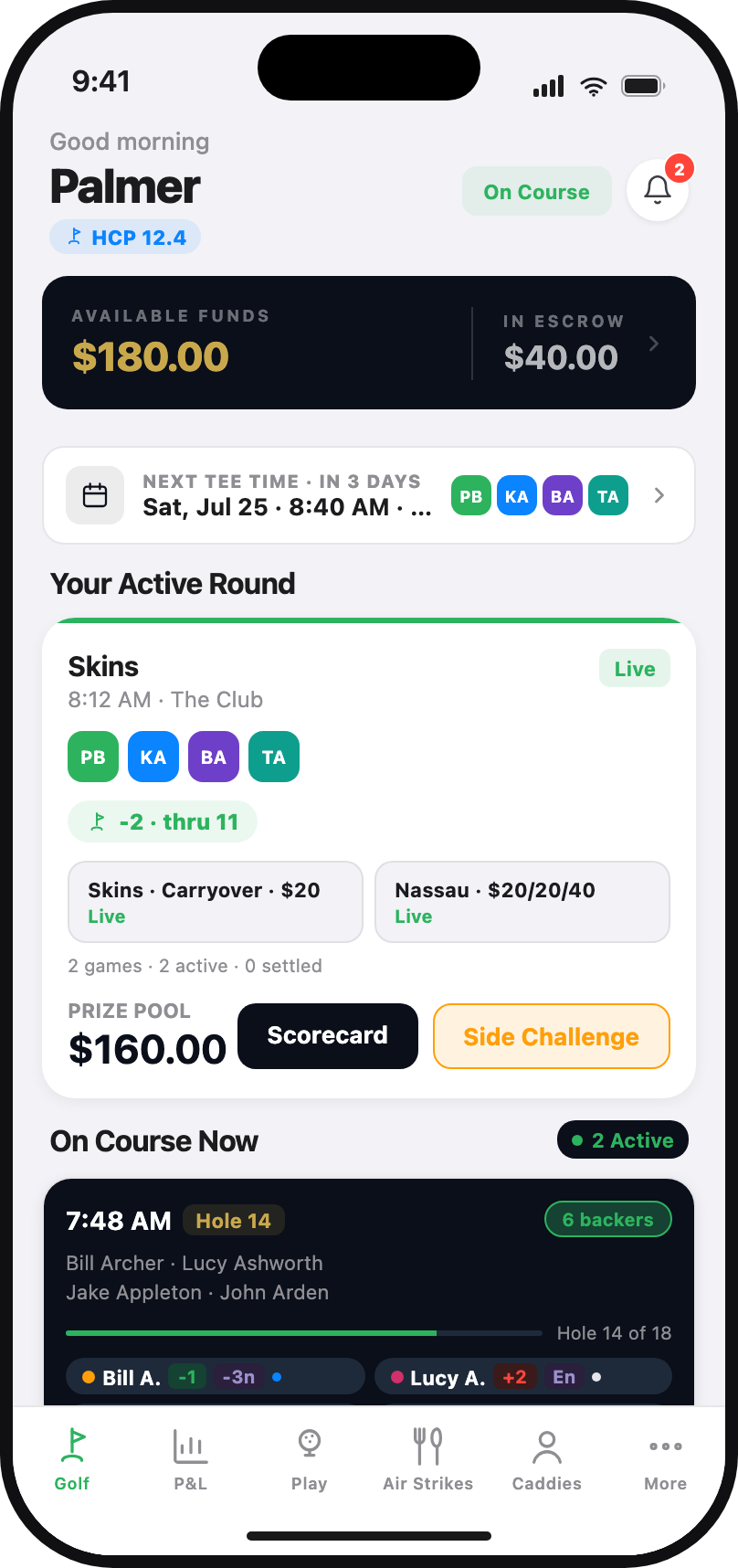 The golf hub in the Club1 member app