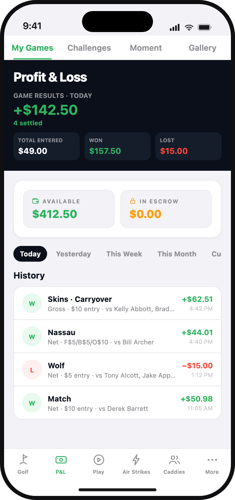 A member’s season profit and loss across every game in the Club1 app