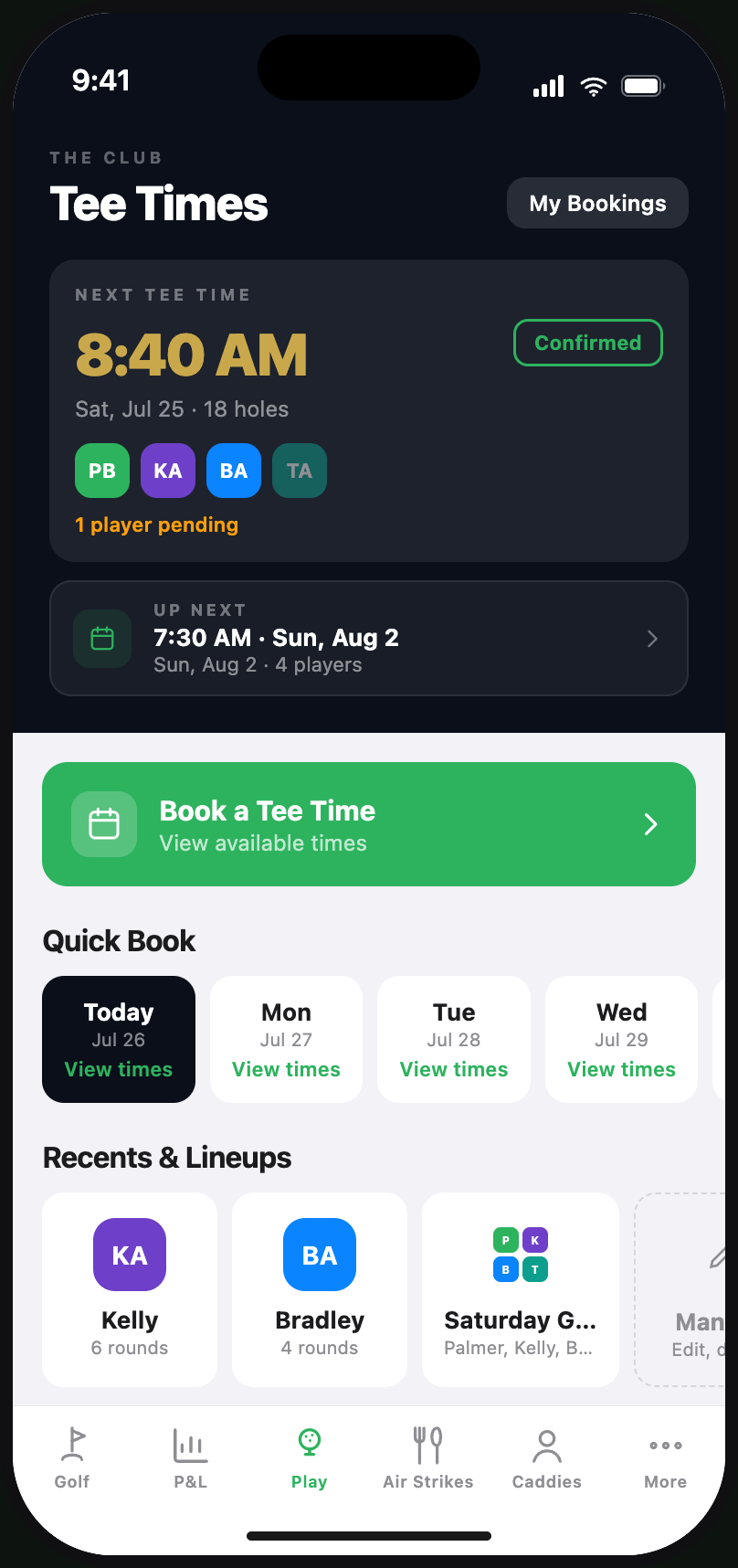 Booking a tee time in the Club1 member app