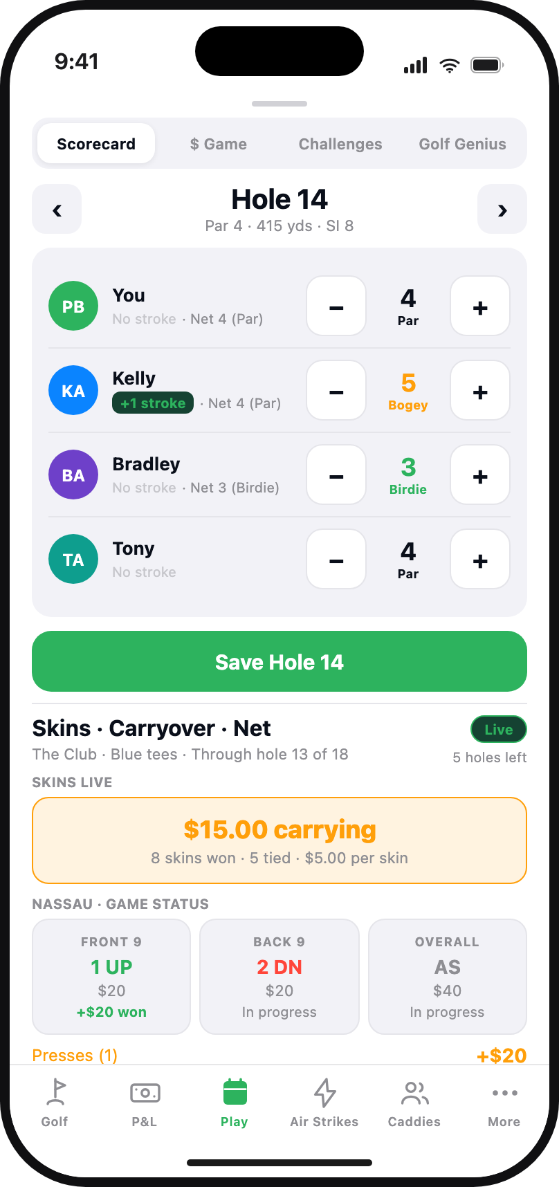 Live scoring and side games from the fairway in the Club1 member app
