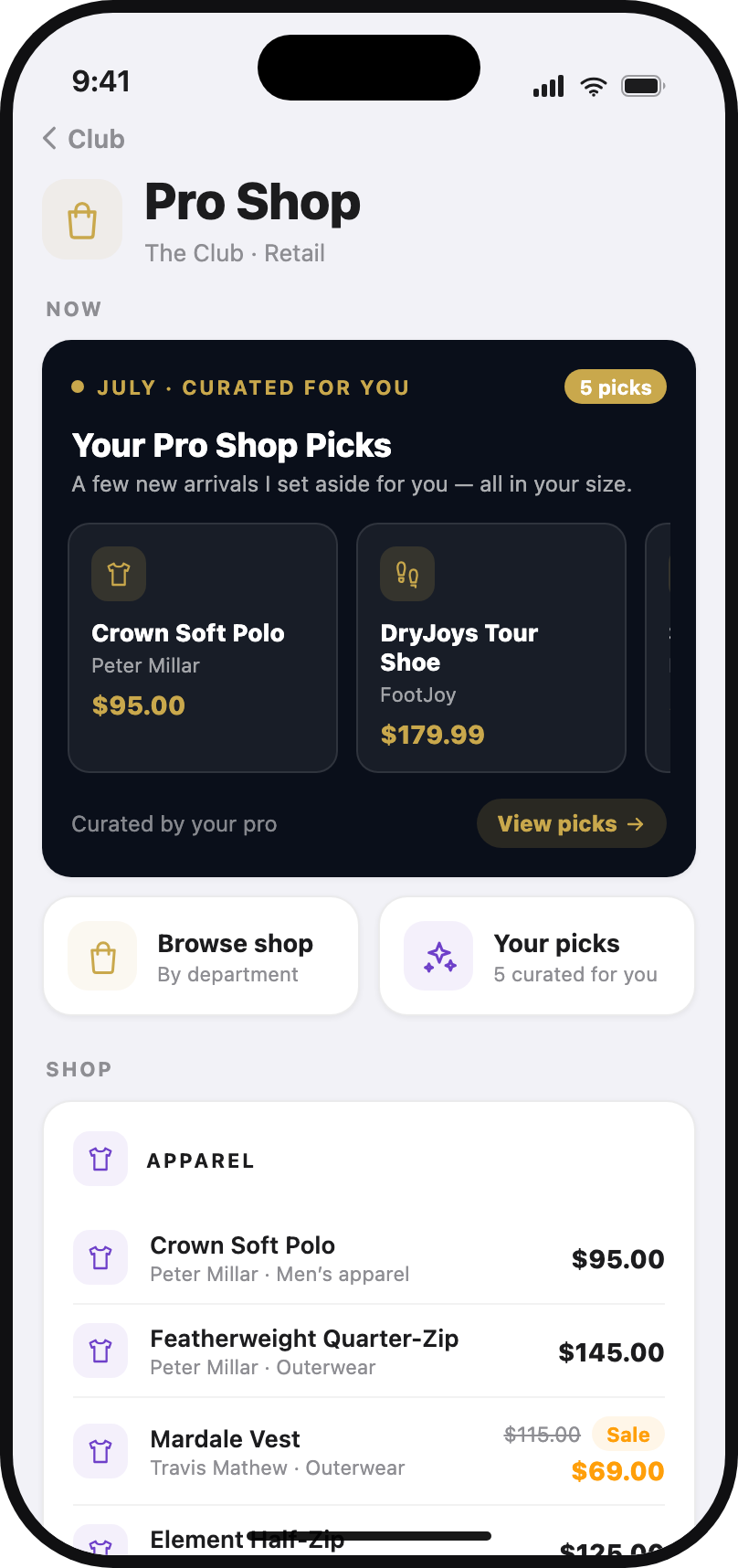 Shopping the pro shop from the Club1 member app
