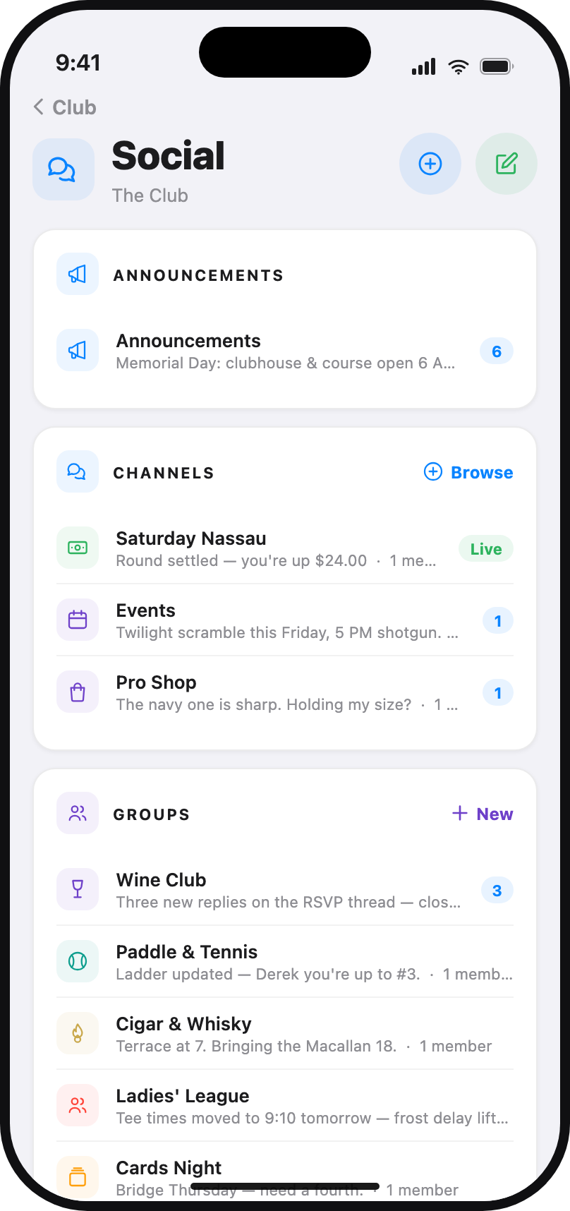 The club’s social feed in the Club1 member app