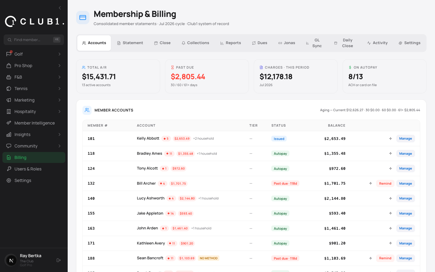 Membership billing in Club1 with member accounts and monthly statements