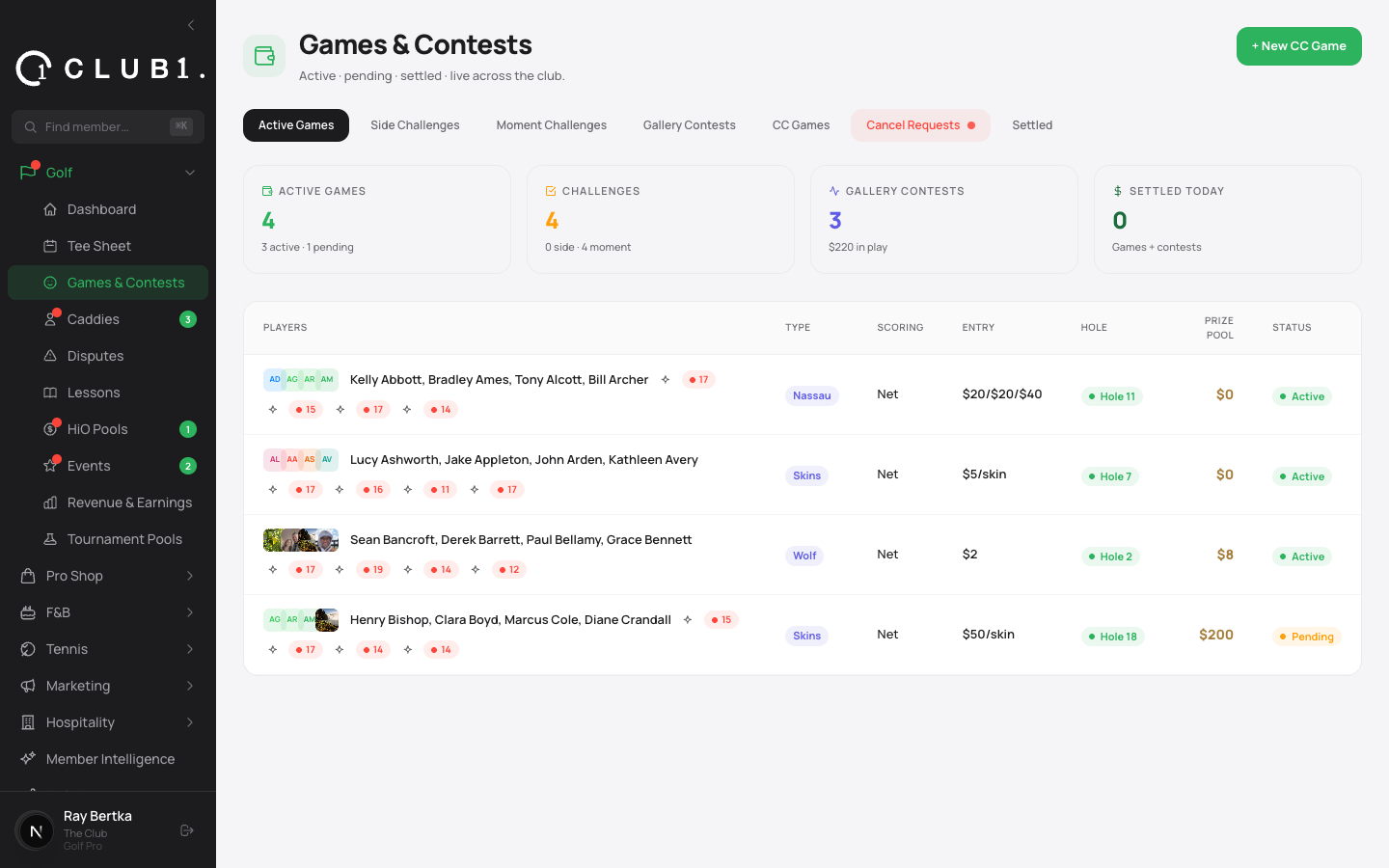 Live on-course games and settlement on the Club1 Pro Dashboard