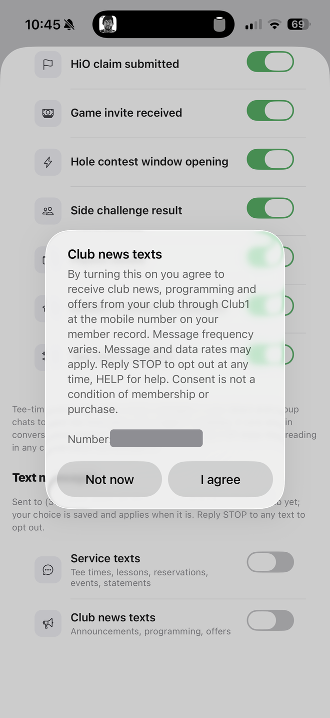Club news texts consent dialog showing the full disclosure with Not now and I agree buttons