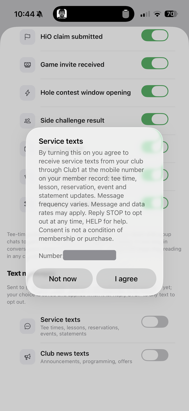Service texts consent dialog showing the full disclosure with Not now and I agree buttons