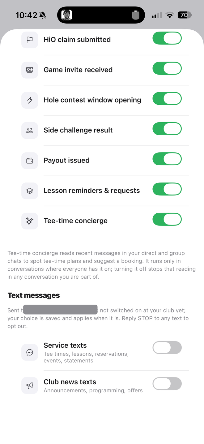 Club1 app Notifications screen, Text messages section: Service texts and Club news texts switches, both off by default
